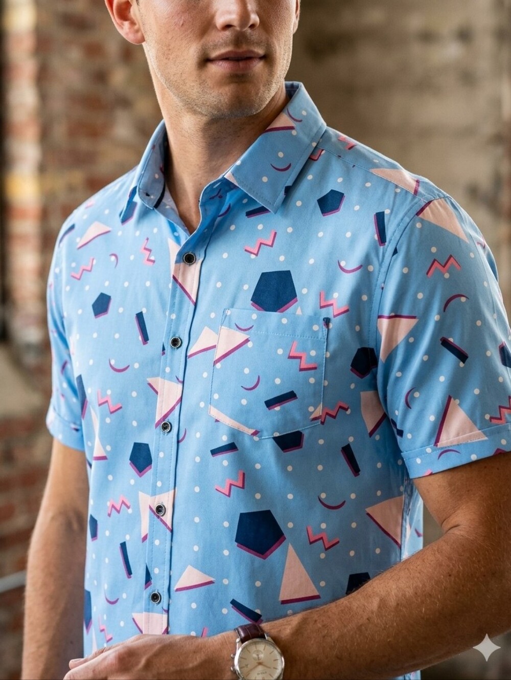 VSTR Blue Geometric Short Sleeve Button Up Shirt Size L